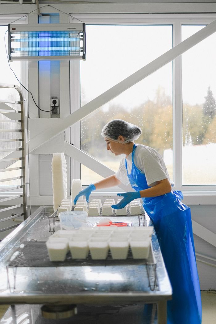 A worker wearing protective gear processes dairy products in a modern, clean laboratory setting.